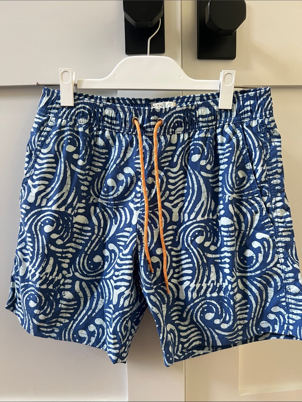 J. Crew Blue Wave-Print Men’s Swim Shorts with Orange Drawstring